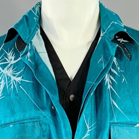 HAIDER ACKERMANN Size M Teal White Jacquard Linen Silk Layered Long Sleeve Shirt - Picture 2 of 10
